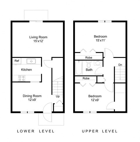 Floor plan for 2 beds, 1 bath, 981 sqft
